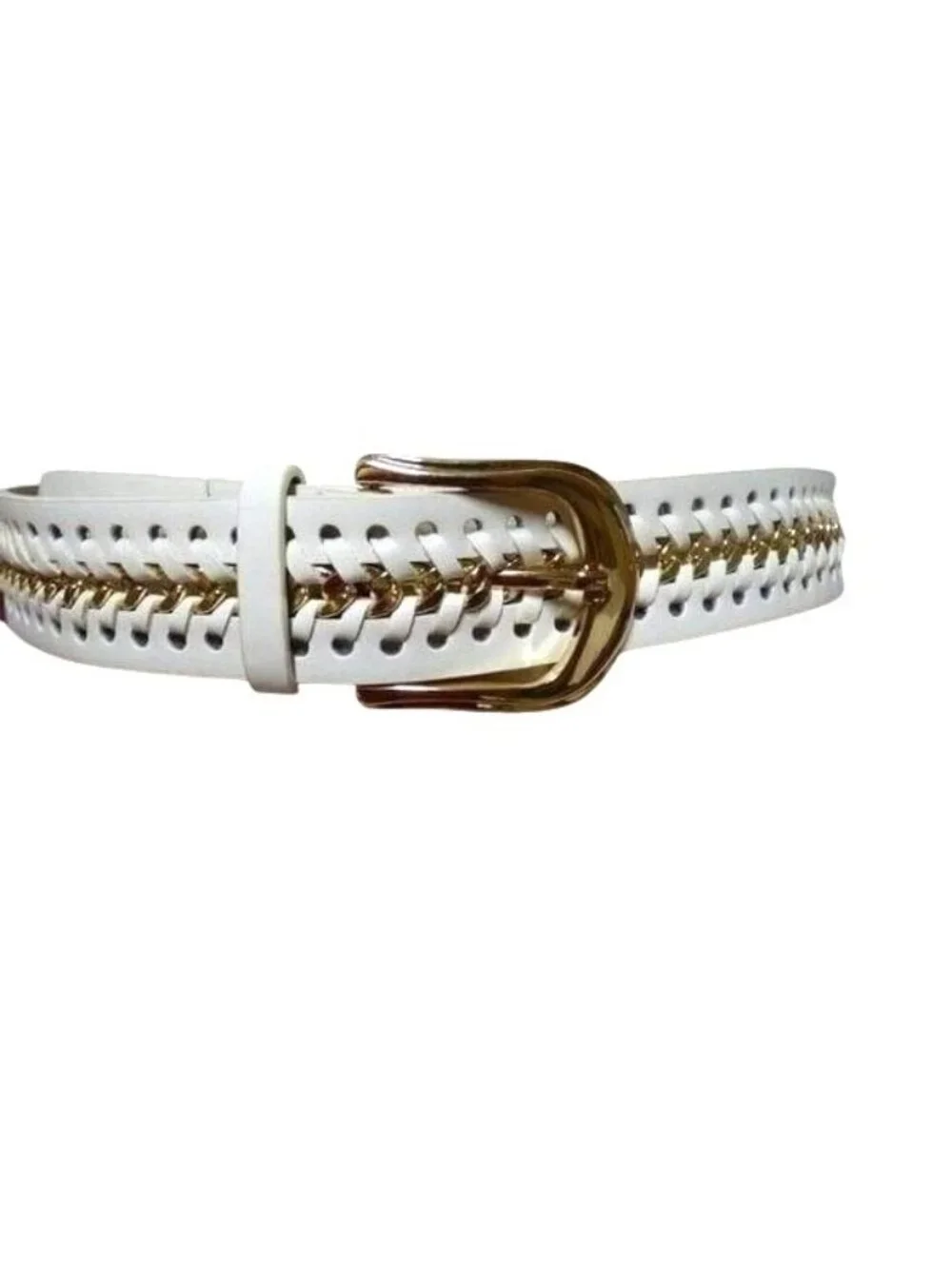 INC International Concepts Chain Link Faux Leather Belt, White/Gold, Sz. L